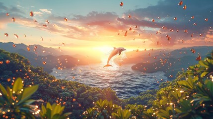 Dolphin Jumping in Sunset Glow with Vivid Sky and Lively Ocean, Ideal for Vibrant Nature Backgrounds