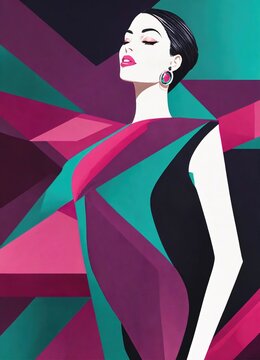 fashion photo of beautiful girl on the blue, green and purple background. ai generative