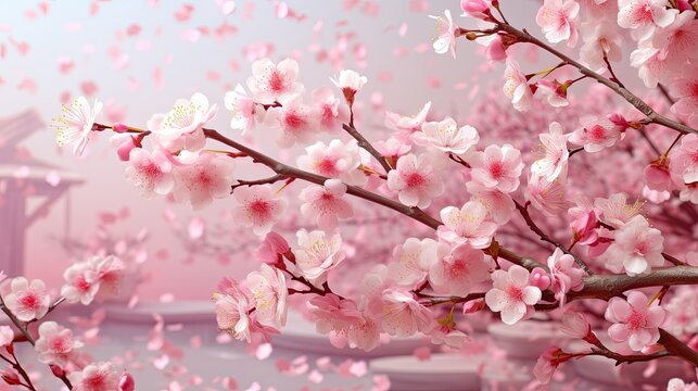 Blurred pink petals on pastel background of blooming cherry tree,