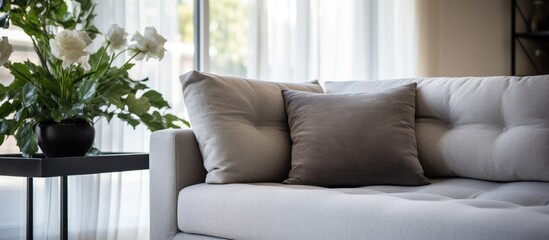 A modern living room with a grey sofa and a table holding a vase of flowers. The room exudes contemporary elegance with its sleek design and minimalistic decor.