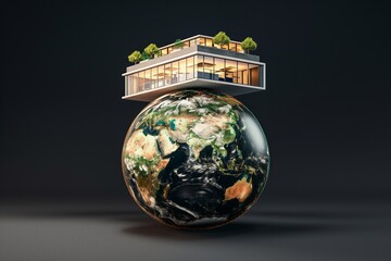 A modern, minimalist office building, embodying principles of sustainability and efficiency, poised atop a beautifully detailed Earth globe isolated against a black backdrop.