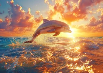 Dolphin Playfully Leaping Through Sun-Infused Ocean Waters, Great for Travel Blogs and Marine Photography