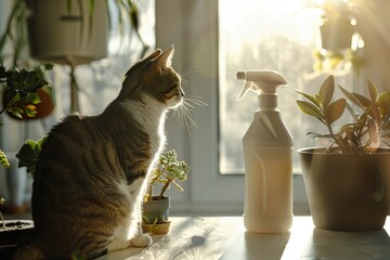 safe environmental cleaning product for the home, a cat is sitting next to a pet, a plant is in the background. cleaning the house. Window - obrazy, fototapety, plakaty
