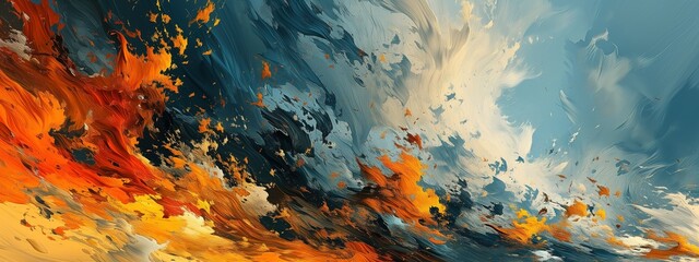 A painting of a stormy sky with orange and blue splatters