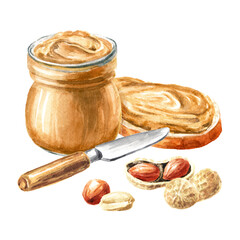 Peanut butter, Hand drawn watercolor illustration, isolated on white background 