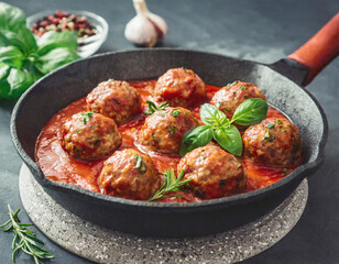 Italian meatballs in a pan with tomato sauce. - obrazy, fototapety, plakaty