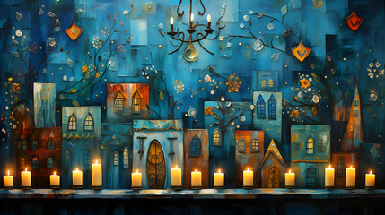 Obraz premium An energetic and vibrant Hanukkah celebration with glowing menorah candles, dreidels, and festive decorations Generative AI