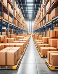 Cardboard boxes on conveyor belts and rows of boxes in a distribution warehouse