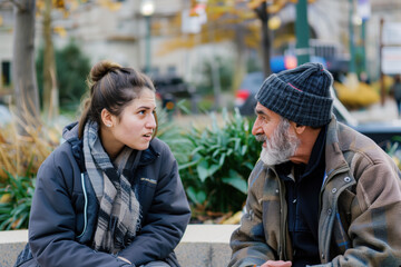 Conversation between young woman and older man