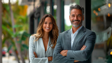 Successful Business Duo Smiling Outside Office