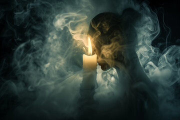 Spiritual Serenity: Woman in Prayer Amidst Candlelight with Enveloping Smoke - Tranquil Devotion Concept