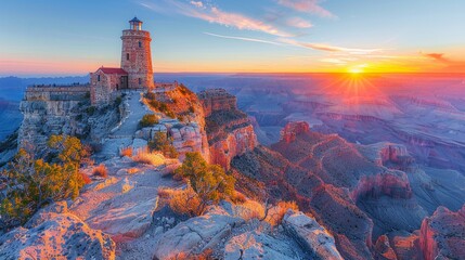 A lighthouse on a mountain peak, gazing at the grand canyon during the sunset - Powered by Adobe