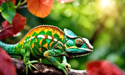 Foto op Canvas Colorful chameleon on the tree in the forest. Close up. ai generative © mrisrayilli