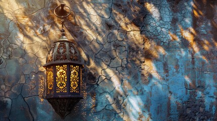 Obraz na płótnie Canvas A traditional metal lantern, intricately designed and etched, casts intricate patterns of light and shadow onto a weathered mosque wall.The timeless beauty of Ramadan traditions.