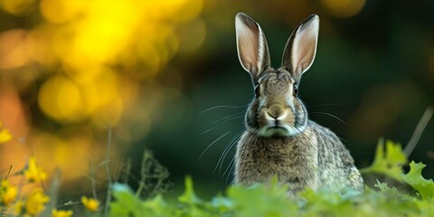 Fototapeta na wymiar Graceful rabbit peacefully grazing in a lush sunkissed field. Concept Animals, Nature, Rabbit, Grazing, Field