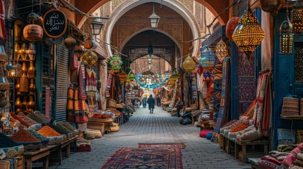 Afwasbaar Fotobehang Smal steegje A bustling market lined with shops and lanterns in a narrow alleyway