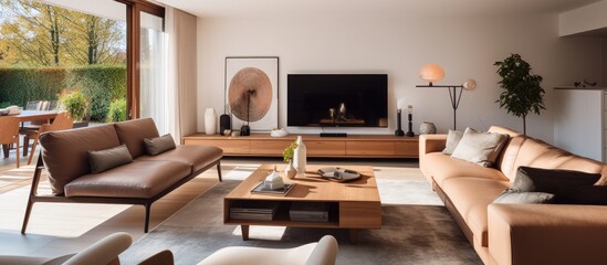 A contemporary living room filled with elegant furniture, including a cozy couch and a flat-screen TV. In the background, a dining table and chairs can be seen,