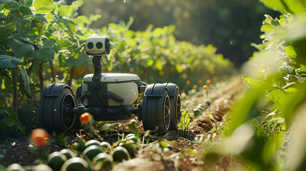 A network of autonomous agricultural robots tending to crops with precision and efficiency,...