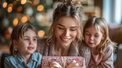 Fototapeta na wymiar Woman and Two Children Opening Gift Box