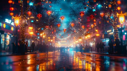 Rolgordijnen Electric blue lanterns hanging from trees illuminate a city street at night © yuchen