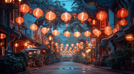 Electric blue lanterns hang from the trees, adding symmetry to the cityscape - obrazy, fototapety, plakaty