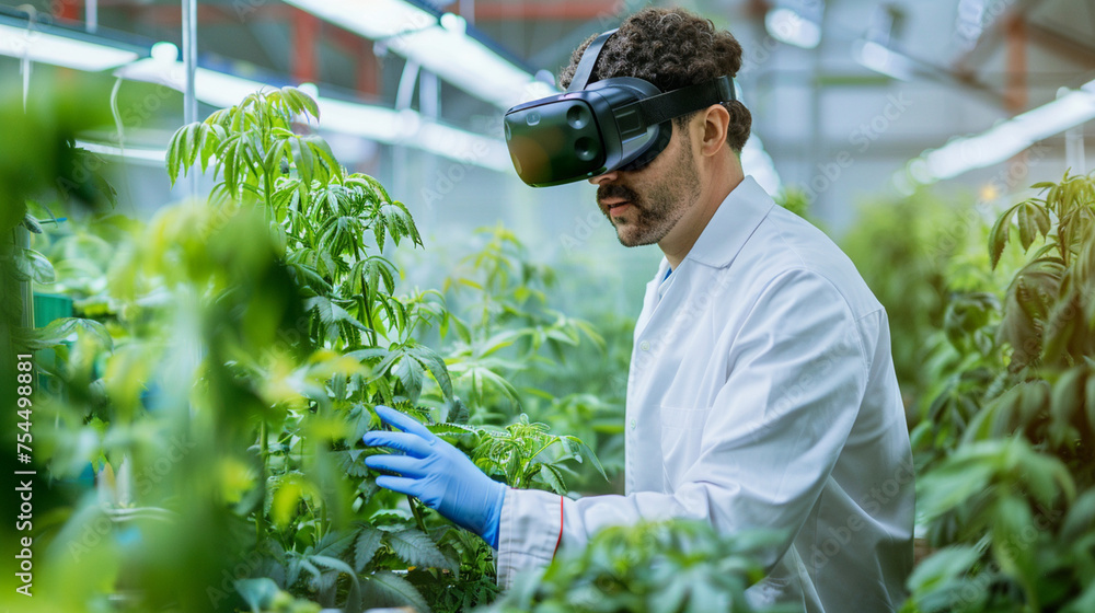 Poster a researcher using augmented reality goggles to inspect the genetic traits of crops in an automated 