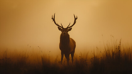 Red Deer Stag Silhouette in the Mist and Glossy Horns, Generative Ai