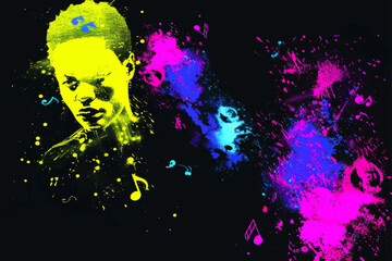Obraz premium Abstract Neon Illustration of a Musician with Colorful Splashes and Musical Notes – Vibrant Music Art