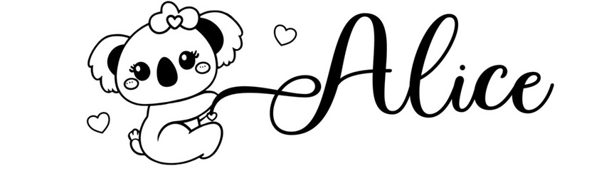 Alice - black color - name written - Word with Koala kawaii for websites, baby shower, greetings, banners, cards,, t-shirt, sweatshirt, prints, cricut, silhouette, sublimation	