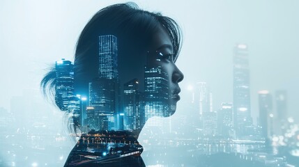 The woman's profile image is combined with an image of the city. Modern life in a metropolis. Business.