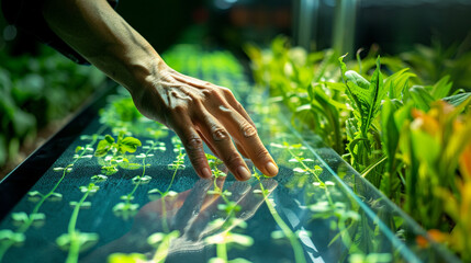 An interactive touchscreen display used by researchers to manipulate the genetic attributes of crops in real-time, with copy space