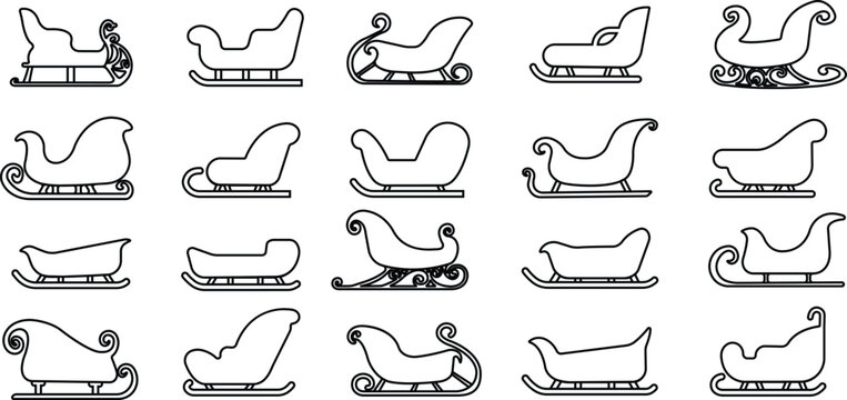 Santa Claus sleigh icon in line set. isolated on transparent background. Christmas postcard sleigh silhouette. Symbols for the Winter holiday. sleigh pulled by reindeers. vector for apps, website