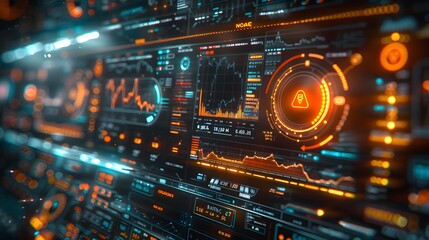 An array of holographic 'Business Audit' dashboards, projecting futuristic data analysis with interactive charts and real-time stock updates
