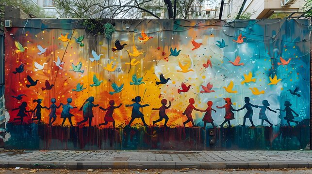 A vibrant mural painted on an urban wall depicting children from various backgrounds playing and dancing together, surrounded by doves and olive branches