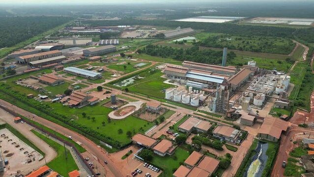 Aerial drone view of the industrial plant of a company that processes kaolin in Barcarena, Para state, BR.