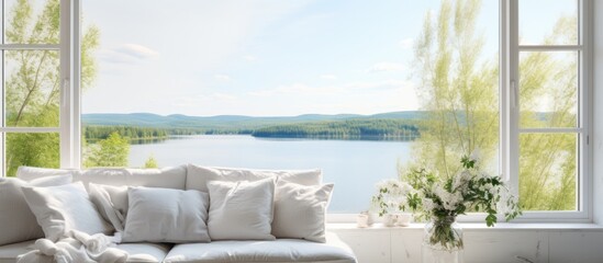 A white couch sits against a window in a room with a minimalist Scandinavian interior design. The natural light illuminates the room, creating a simple and clean aesthetic.