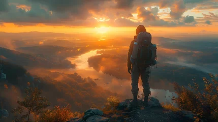 Fotobehang Silent vigil: a lone soldier overlooking a peaceful valley from a high vantage point, dawn's first light breaking, symbolizing hope amidst solitude © JKashko