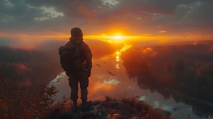 Silent vigil: a lone soldier overlooking a peaceful valley from a high vantage point, dawn's first light breaking, symbolizing hope amidst solitude - obrazy, fototapety, plakaty