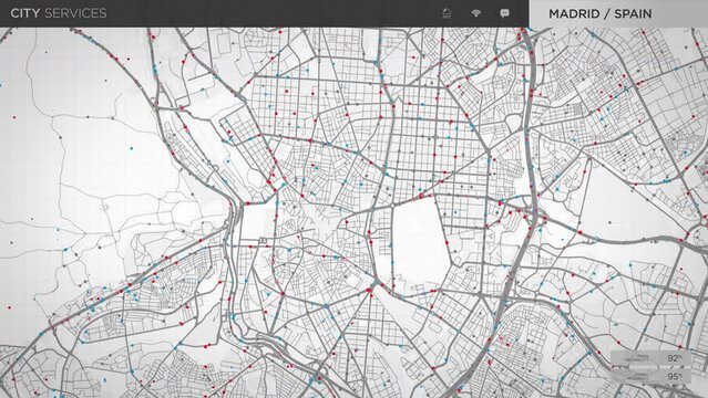 Futuristic network ui deals with the analysis of the transportation map. Network ui is analyzing the vehicle gps signals. Network ui analysis of the virtual map of the public city transport.