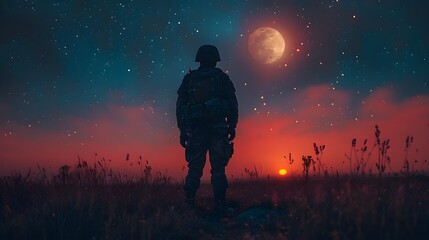 A solitary soldier standing watch under a vast, starlit sky, silhouette against the moonlight, reflecting on the quiet solitude of his duty - obrazy, fototapety, plakaty