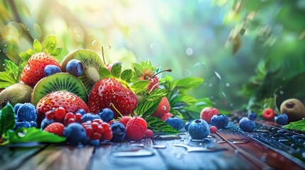 A vibrant assortment of fresh fruits, including strawberries, blueberries, and kiwi, neatly arranged on a rustic wooden table, with morning dew drops visible on the surface of the fruits.  - obrazy, fototapety, plakaty