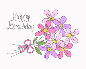 Happy Birthday. Bouquet of flowers, holiday. Congratulations postcard. Lettering, calligraphy doodle. Linear drawing of chamomile, meadow flower. Vector illustration.