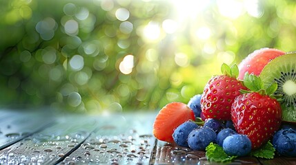 A vibrant assortment of fresh fruits, including strawberries, blueberries, and kiwi, neatly arranged on a rustic wooden table, with morning dew drops visible on the surface of the fruits.  - obrazy, fototapety, plakaty