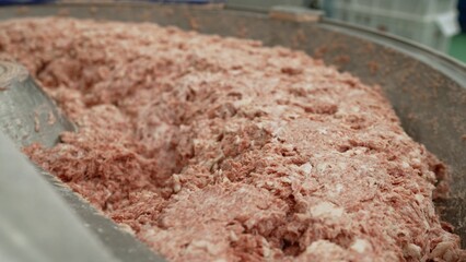 Close-up of processing lard or meat into minced meat in a huge meat grinder at a meat processing plant. Minced meat close-up in industrial production.