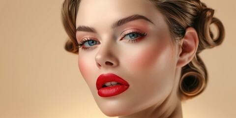 Fototapeta premium Elegant Hairstyle Close-Up: Beauty Portrait with red lips