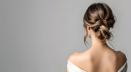 Rear view of young woman elegant bun hairstyle, grey background, copy space