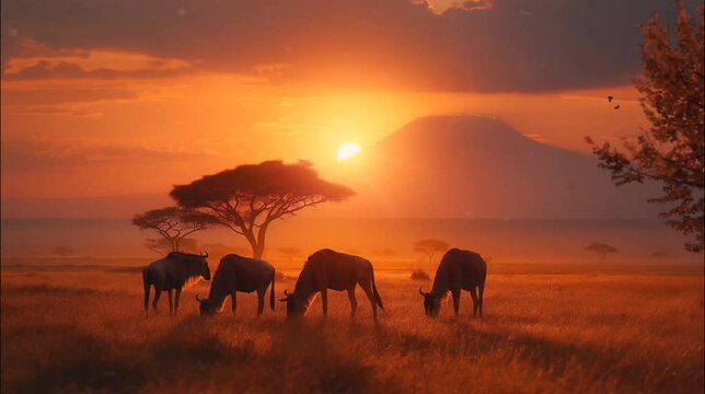 herd of bison eat grass in the savanna at sunset. Seamless looping time-lapse 4k video animation background