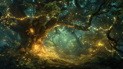 Gordijnen An enchanted forest with magical creatures, glowing plants, ancient trees, a hidden fairy village, mystical ambiance. Resplendent. © Summit Art Creations