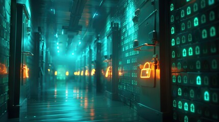 A futuristic server room with glowing padlock symbols, representing strong digital security and cyber protection measures in a data center.
