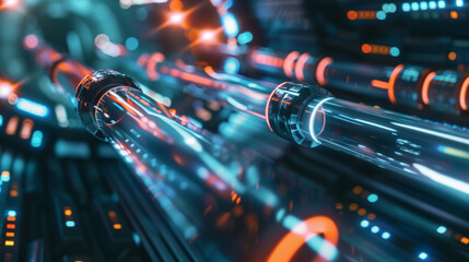A high-speed data transfer cable connecting two supercomputers, facilitating the exchange of vast amounts of information at blazing speeds. - obrazy, fototapety, plakaty